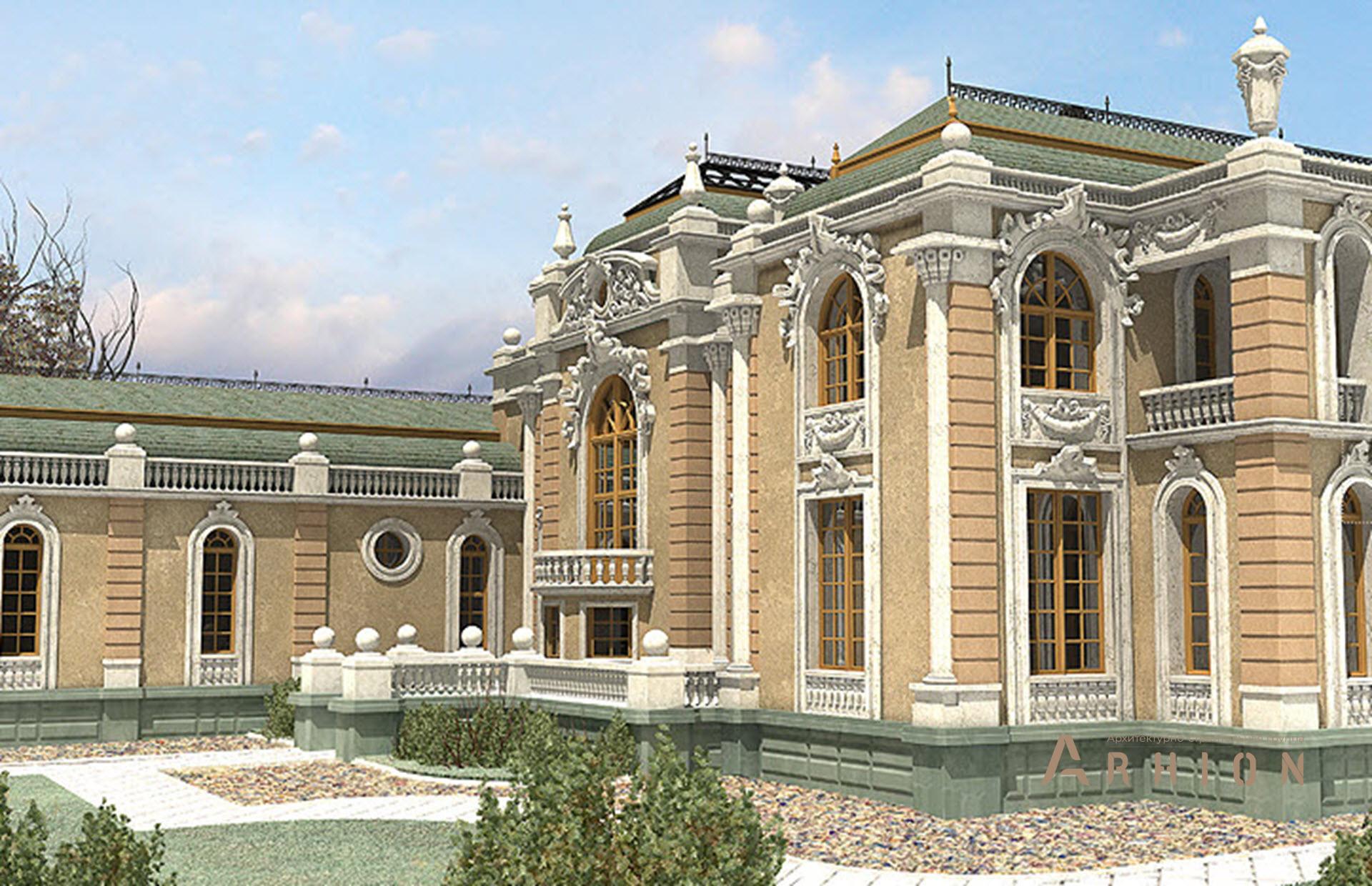 2. Проект двухэтажного дома в дворцовом стиле с многоскатной кровлей, SOV-1, площадью - 1082 кв c цокольным этажом, сауной, балконом, бассейном, вторым светом